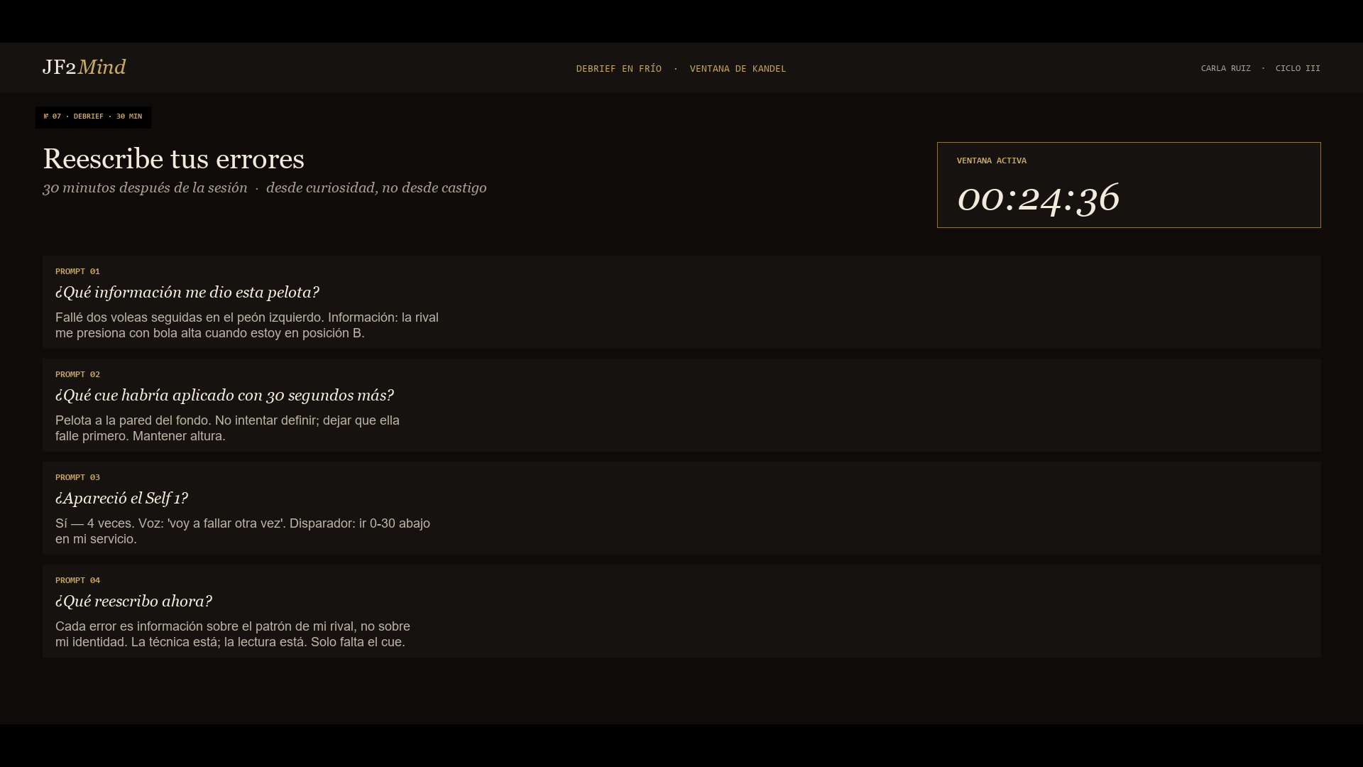 Pantalla de debrief en frío en la app