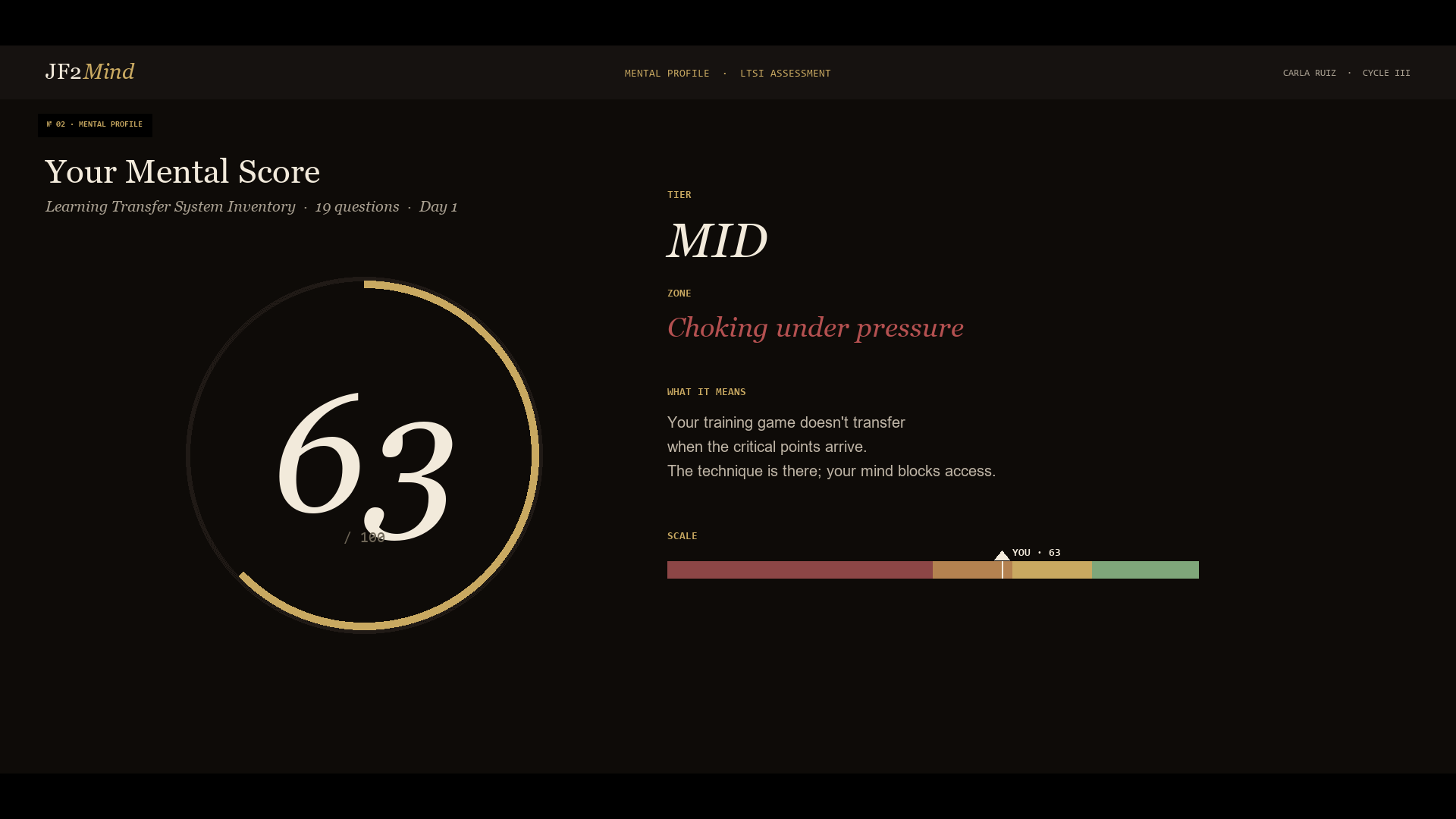Mental profile screen with LTSI score 63